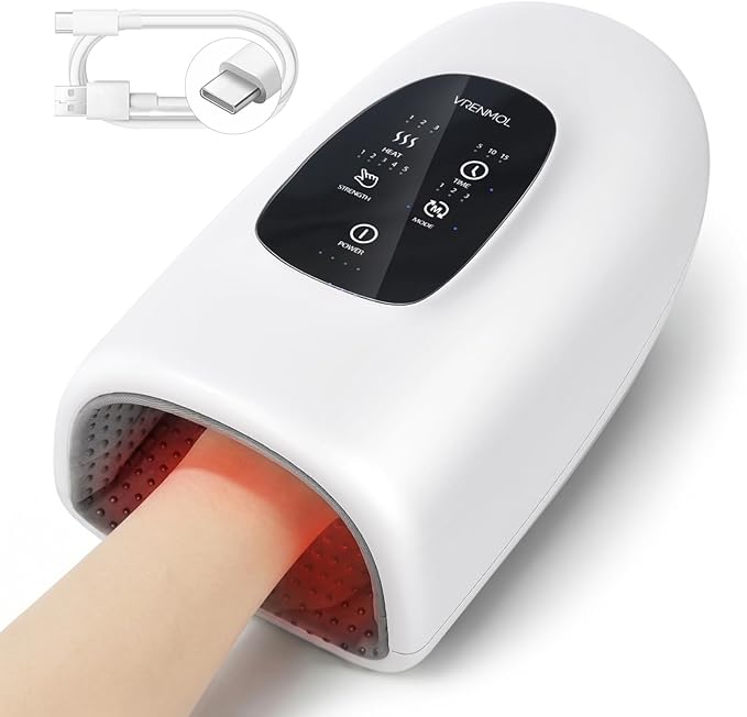 vrenmol Hand Massager with Heat and Compression: 3 Modes 5 Intensities Rechargeable Electric Hand Massage Tool for Wrist Hand Massager for Muscles Fingers 3 Type Timers Home Gift for Women Men