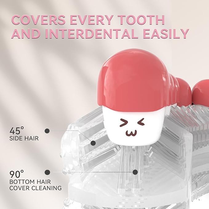 Adult Sonic Automatic Electric Toothbrush 360° Oral Cleaning Stain Whitening IPX7 Waterproof Rechargeable u-Shape Brush Head*3+Straight Handle Brush Head*2 (Pink)