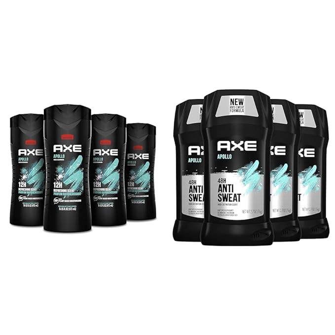 AXE Body Wash Apollo 4 Count for Long Lasting Freshness Sage &amp Cedarwood Men's Body Wash &amp Apollo Antiperspirant Deodorant Stick For Men Sage &amp Cedarwood 48 Hr