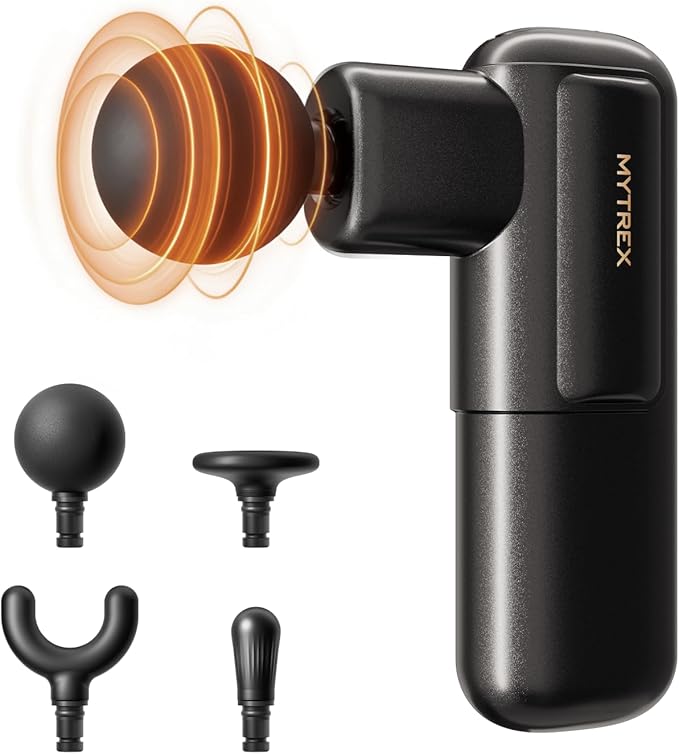 Mini Massage Gun Portable Deep Tissue Percussion Massager with 4 Heads Ultra-Quiet Lightweight 205g for Neck &amp Back Home Office &amp Travel (Black)