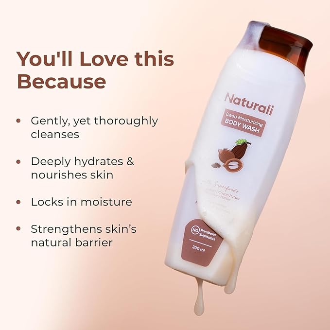 N.a.t.u.r.a.l.i | Deep Moisturising Body Wash | Shea Butter Cocoa Butter and Murumuru Butter | Gently Cleanses Deeply Hydrates and Nourishes Skin for unisex 200ml.