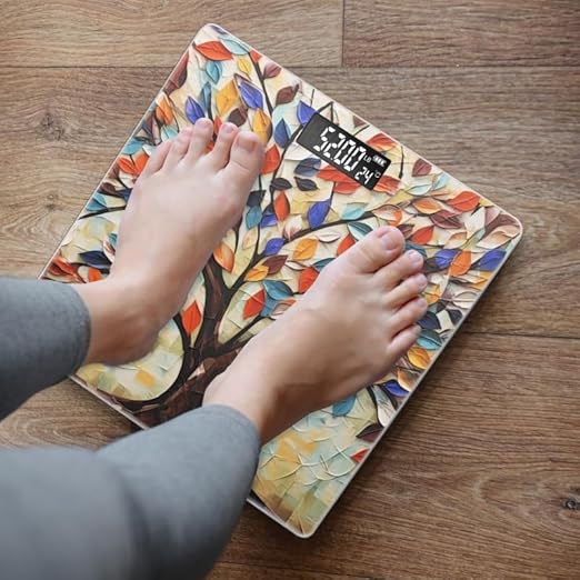 Digital Scale for Body Weight Highly Precision Bathroom Weight Scale 400 lbs with Backlit Display Personalized Scale for Home-Tree with Colorful Leaves of Different Shapes