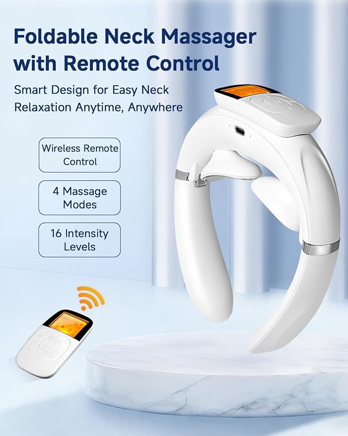 Foldable Neck Massager with Heat Electric Neck Massager with Wireless Remote 16 Intensity Levels 4 Modes Food-Grade Silicone LCD Display Portable Neck Massager for Office Home Travel