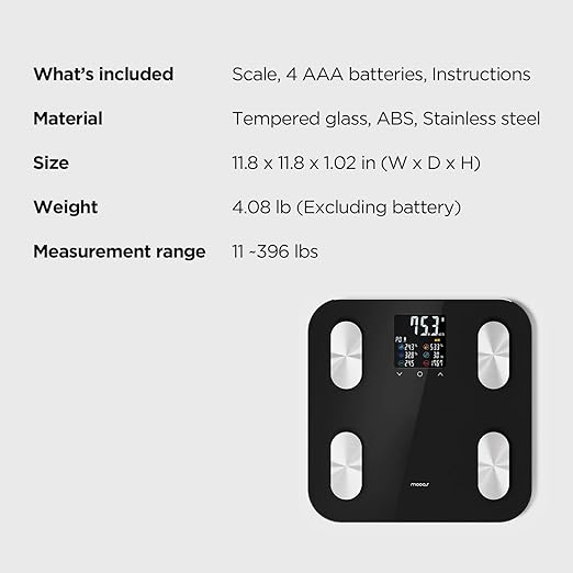 mooas Smart Scale for Body Weight Fat Bluetooth Scale Digital Bathroom Scale with BMI Body Fat Muscle Mass Composition LCD Accurate Wi-Fi Bluetooth Scale for Home Smartphone App 396 lbs (Black)