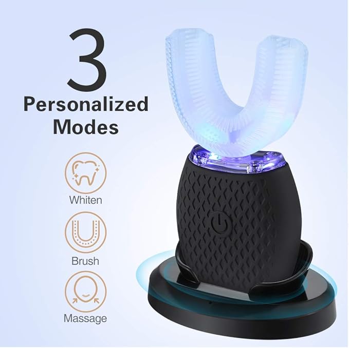 Ultrasonic Automatic Toothbrush Ultrasonic U-Shaped Toothbrushes for Adult 360° Mouth Cleaning Electric ToothBrush with Automatic Timer Wireless Charging Teethbrush Kit for Travel Or Home (Black)
