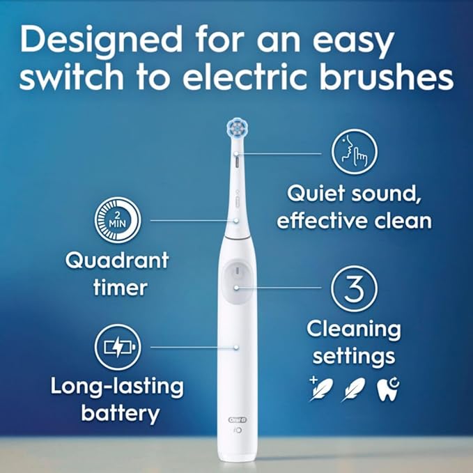 Oral-B Rechargeable Electric Toothbrush iO2 Starter Kit 3 Cleaning Modes Automatic Pressure Sensor to Protect Gums 2 Brush Heads Pure White