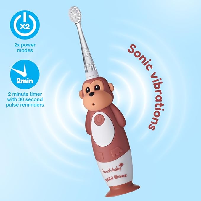 BrushBaby - WildOnes - Kids Rechargeable Electric Toothbrush Ages 0-10 - Monkey Design with Flashing Lights - DeepClean Bristles for Superior Cleaning - 2 Replacement Brush Heads 1 USB Cable