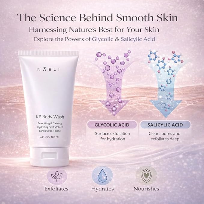 NAELI Exfoliating Body Wash with Salicylic &amp Glycolic Acid - Natural Keratosis Pilaris Treatment KP Bump Eraser Back &amp Butt Acne Gel - Smooths &amp Hydrates 6 oz
