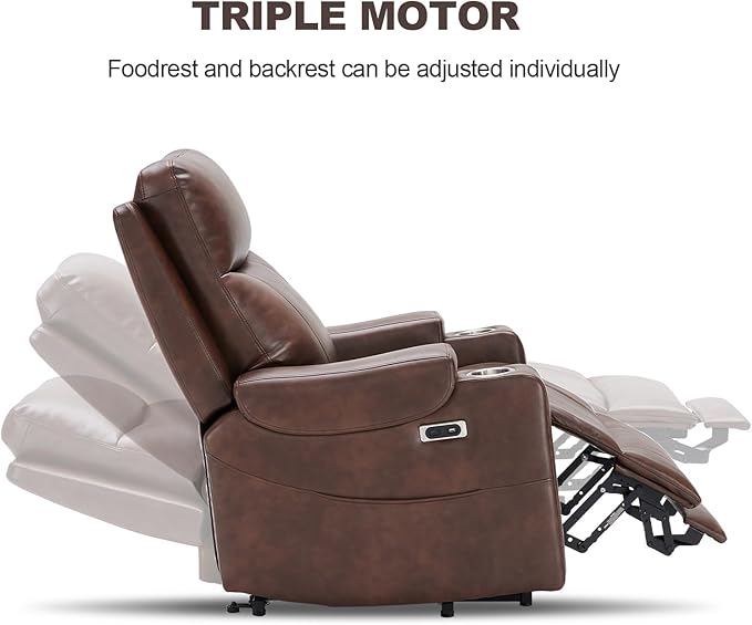 Triple Motor Power Lift Recliner Chair with Adjustable Lumbar Support Lay Flat Recliner for Elderly Breathable Brown Leather Recliner Lift Chair Massage &amp Heating USB Ports Cup Holders
