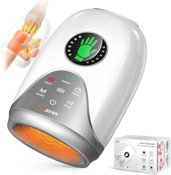 Hand Massager with Heat and Compression : Hand and Wrist Massager with Customizable Modes Finger Stretch Function Visual Display Palm Roller - Daily Comfort for Women Men Home Office UseWhite