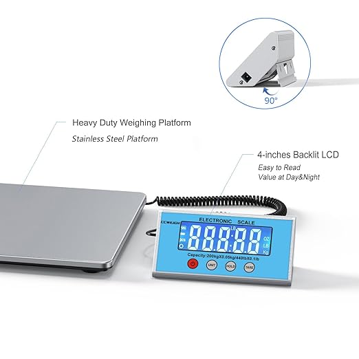 Shipping Scale 440lb with High Accuracy Heavy Duty Stainless Steel Postal Scale with Hold/Tare Digital Shipping Scale for Packages/Luggage/Post Office/Home Battery &amp AC/DC Adapter