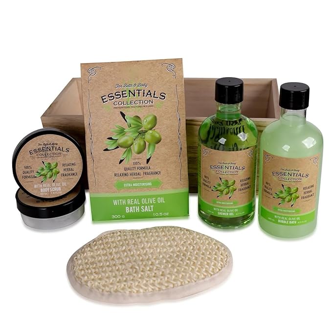 Gift Sets for Bath Spa Shower |6-piece wellness set|260ml shower gel 260ml bubble bath300g bath salt50ml body scrub50ml body lotionsisal pad feature: In wooden Basket.