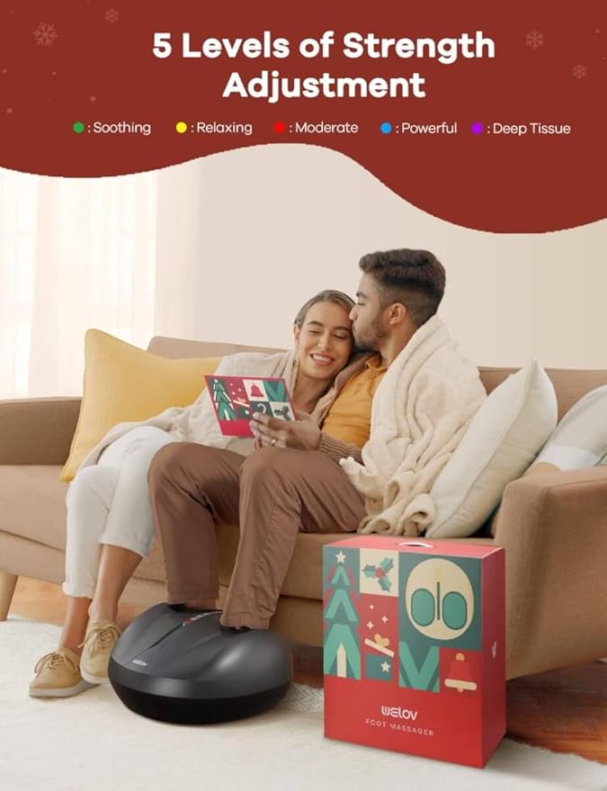 WELOV Foot Massager Machine with Deep-Kneading with 5 Level Foot Massager for Neuropathy Compression Shiatsu Heat for Plantar Fasciitis Fits Feet Up to Size 12 Suitable for Christmas Gifts