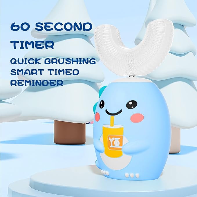 Kids U Shaped Electric Toothbrush with 4 Brush Heads Sonic Toothbrush Kids with 5 Modes Cartoon Dinosaur 360-Degree Cleaning IPX7 Waterproof Design (6-12 Age (Blue))