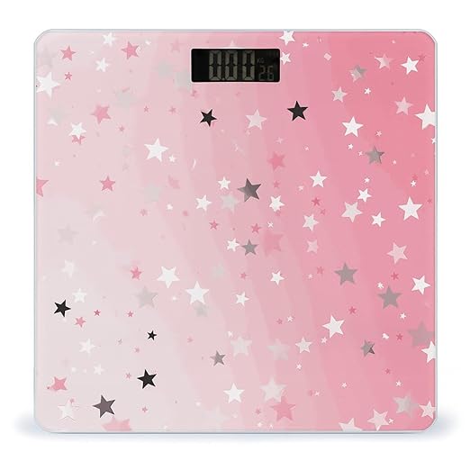 Pink White Stars Scale for Body Weight Anti-Slip Digital Bathroom Scale Sturdy Toughened Glass Weighing Scales High Precision Safe Rounded Corners Smart Scales