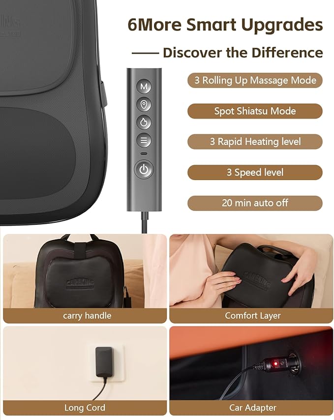 Up &amp Down Shiatsu Back Massage with Heat –External Adjustable Cushion Pad 3D Kneading Massage Pillow for Lower Back Neck Shoulder Leg Pain Relief Deep Tissue for Office Chair &amp Home (Blac