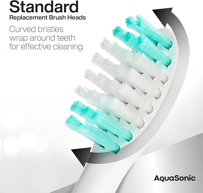 AquaSonic Genuine Standard Replacement Brush Heads | ADA Accepted | for Normal &amp Sensitive Teeth | Compatible with Many AquaSonic Toothbrush Handles (8 Pack White)