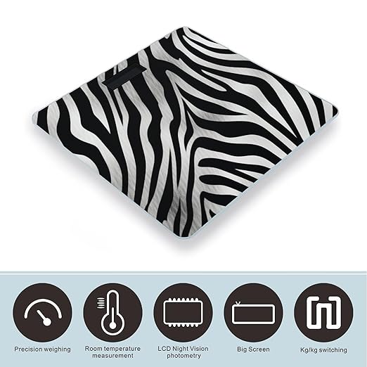 Zebra Print Scale with LCD Precision Weighing Scales Sturdy Tempered Glass Weight Scales Easy-to-Read Anti-Slip Weight Digital Bathroom Scale for Daily
