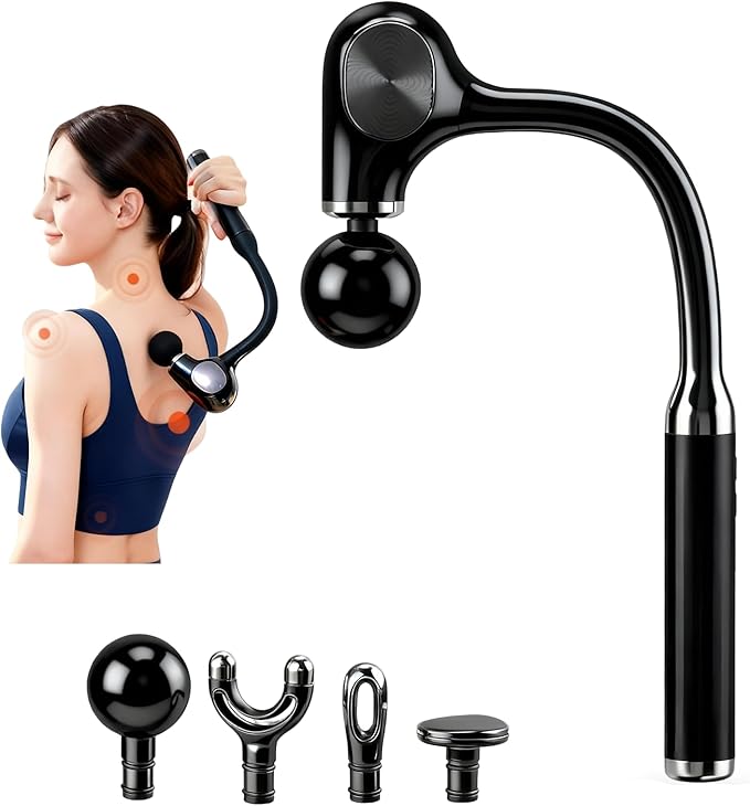 Deep Tissue Percussion Massage Gun with 12mm Penetration and 5-Speed Levels - 4 Heads and Extension Handle for Back Muscle &amp Neck/Shoulder Pain Relief - Lightweight Portable for Home Gym