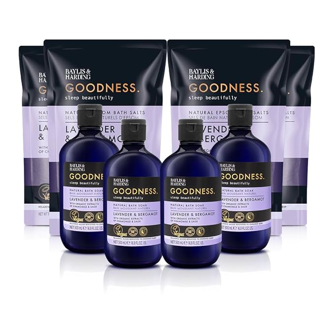 Baylis &amp Harding Goodness Sleep Lavender &amp Bergamot Bundle: 4 x 16.9 fl. oz Bath Soak &amp 4 x 33.8 fl. oz Bath Salts - Vegan Friendly
