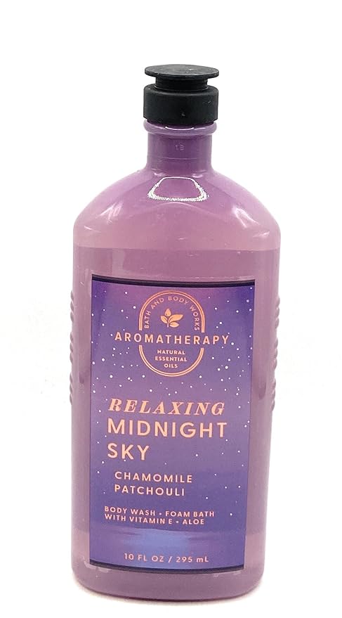 Bath and Body Works Aromatherapy Relaxing Midnight Sky Chamomile Patchouli Body Wash and Foam Vitamin E &amp Aloe 10 Fluid Ounce