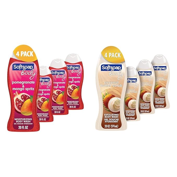 Softsoap Body Wash Pomegranate &amp Mango Spritz Body Wash 20 Fl Oz &amp Body Wash Coconut Butter Scrub Exfoliating Body Wash 20 Ounce 4 Pack