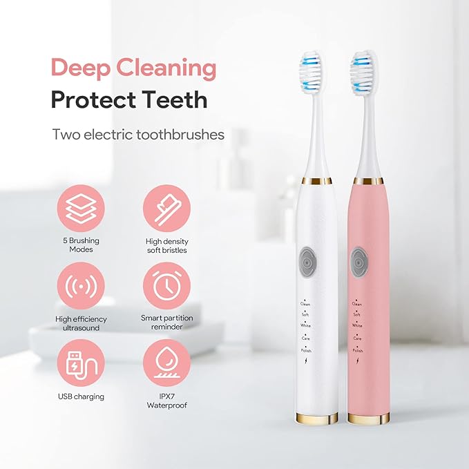 Dnil 2-Pack Sonic Electric Toothbrushes for Adults Rechargeable with Long-Lasting Battery 35000 VPM High-Speed Cleaning Includes 10 Brush Heads &amp 5 Custom Modes (White &amp Pink)