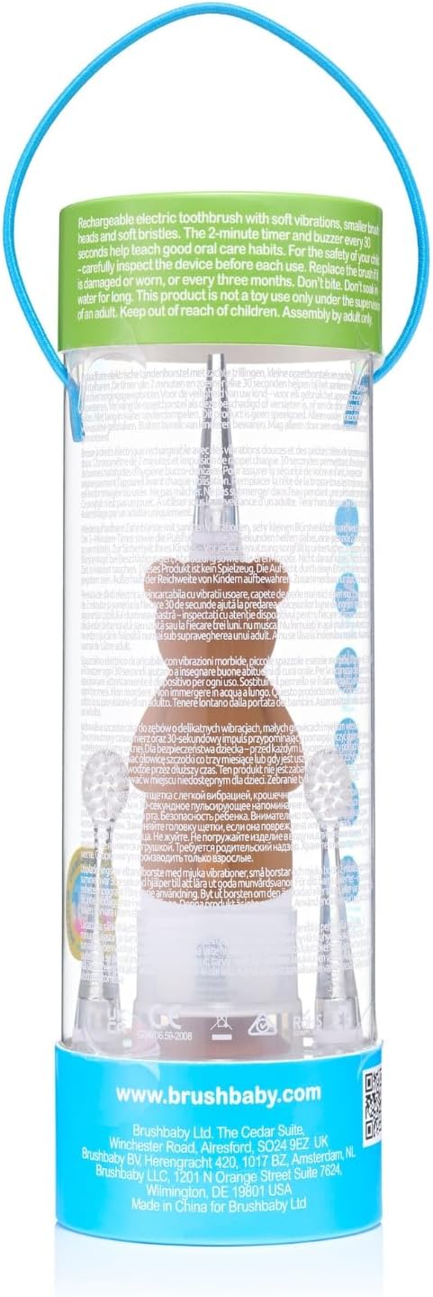 BrushBaby - WildOnes - Kids Rechargeable Electric Toothbrush Ages 0-10 - Bear Design with Flashing Lights - DeepClean Bristles for Superior Cleaning - 2 Replacement Brush Heads 1 USB Cable