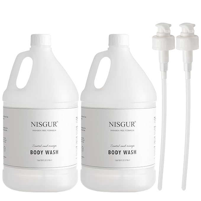 Hotel Body Wash in Gallon Size 1 Gallon Each Total 2 Gallon Jugs with Extra Pump Dispenser to Refill Wall-mounted and Stand Dispenser Aloe vera Green Tea Extract Infused Hotel Toiletries