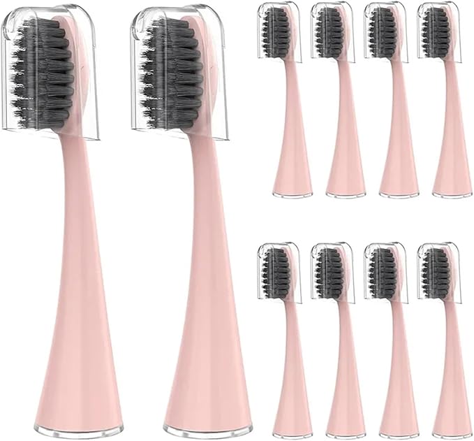 10 Replacement Brush Heads for Burst Pro Electric toothbrushes Soft Charcoal bristles with dust caps(10pcs Pink)