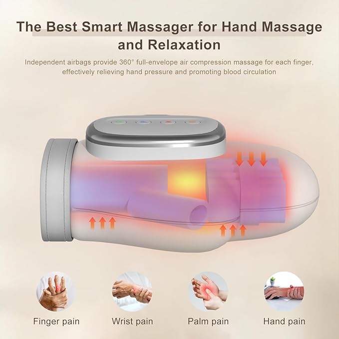 Hand Massager for Arthritis and Carpal Tunnel Relief Heated Air Compression Therapy for Finger Palm &amp Wrist Pain Portable Cordless Electric Hand Massager