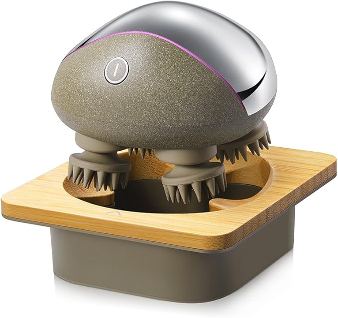 Breo Portable Mini Scalp Massager – IPX7 Waterproof Rechargeable Head Massager for Scalp Relax Stress Relief Tool with Bamboo Wood Charging Base Removable Massage Nodes (Silver with Base)