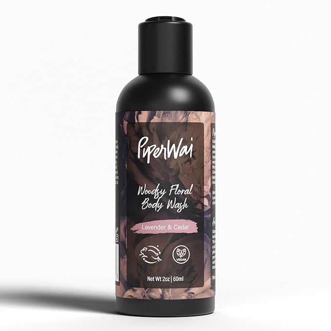 PiperWai Natural Body Wash Cedarwood Lavender Scent - Plant-Based Shower Gel for Sensitive Skin Sulfate &amp Paraben Free Moisturizing Daily Cleanser Net Wt 2oz | 60ml