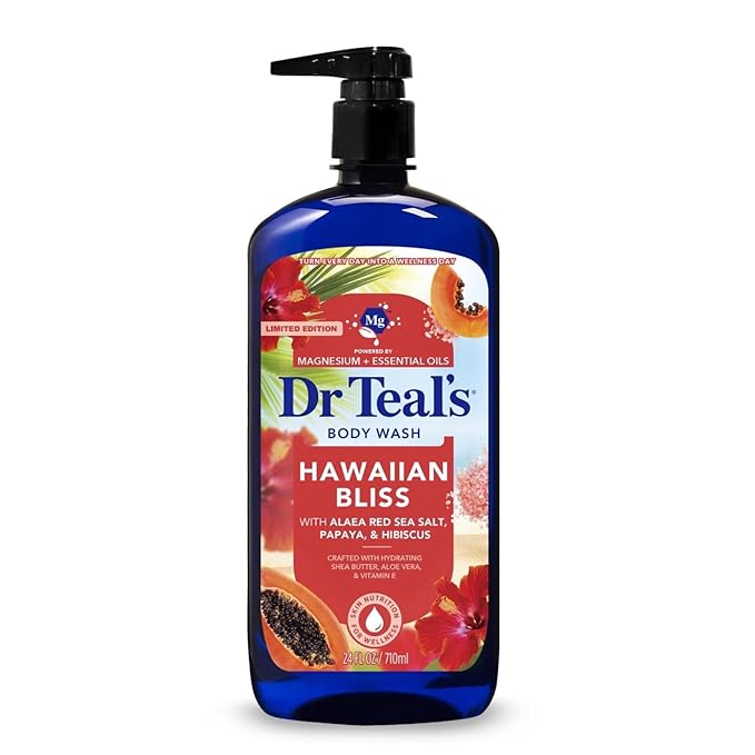 Dr Teal's Hawaiian Bliss Body Wash with Alaea Red Sea Salt Papaya and Hibiscus Magnesium and Essential Oils 24 Fl Oz 2 Pack