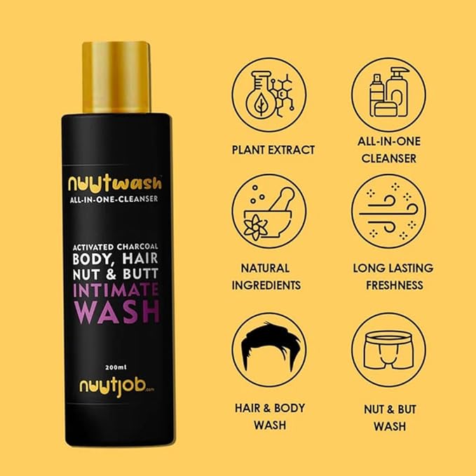 Nuutwash All in One Cleanser for Men 200 ml | Intimate Nut-Butt-Body &amp Hair Wash | Activated Charcoal | Plant Extracts | Natural Ingredients | Essential Oils | For Men-Boys