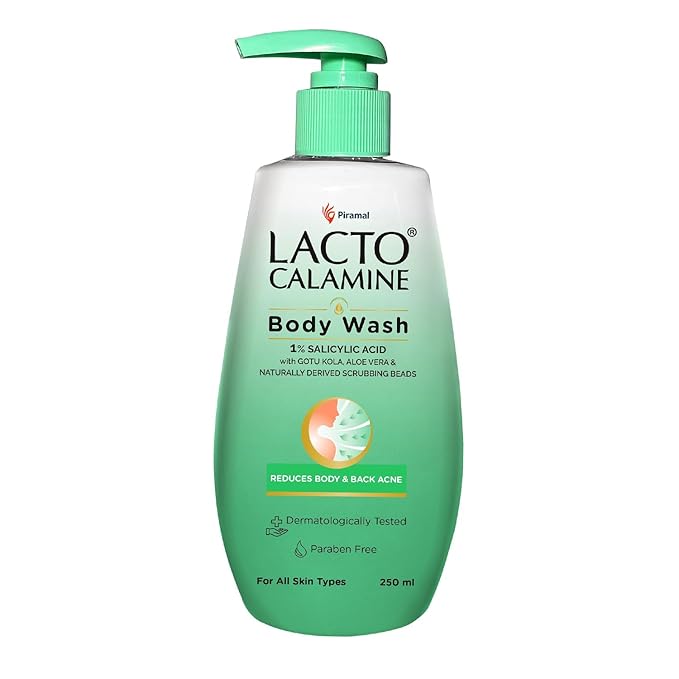 Lacto Calamine 1% Salicylic Acid Body Wash | 250ml | For Body Acne Back Acne Rough &amp Bumpy Skin |Cica Aloe Vera Turmeric &amp Natural Scrub Beads | Paraben Free | Body Wash Shower Gel For Men