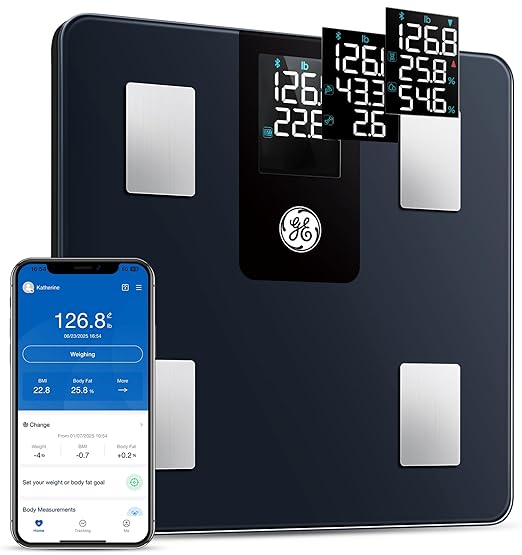GE Smart Scale for Body Weight BMI Fat Muscle Mass with 14 Body Composition Metrics &amp All-in-one LCD Display Digital Bathroom Weight Scales Bluetooth with App Accurate Weighing Machine 400 lbs