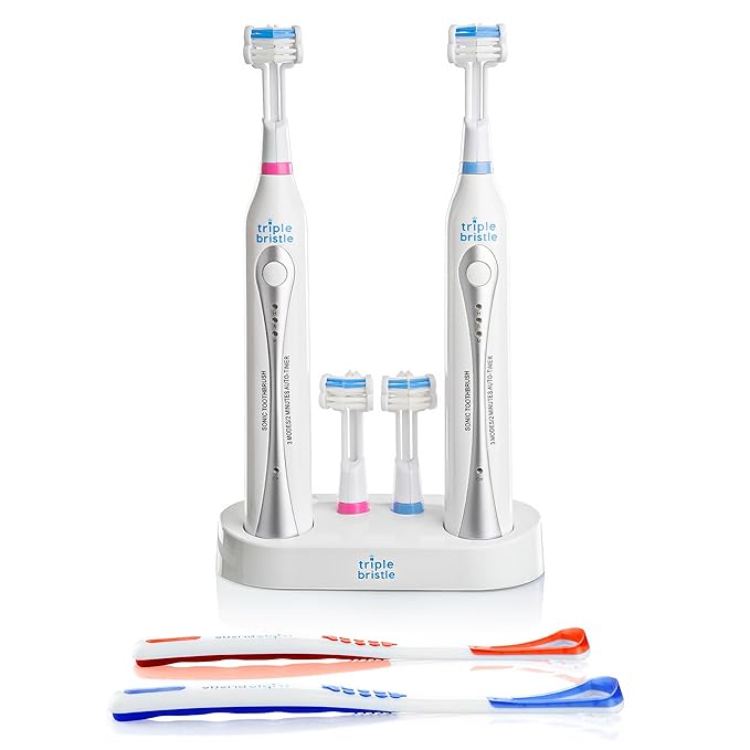 Triple Bristle Duo - 2 Electric Toothbrushes with Dual Charging Station Patented 3 Head Design 31000 VPM Rechargeable Toothbrush Set for Families &amp Couples 3-Sided Sonic Brush