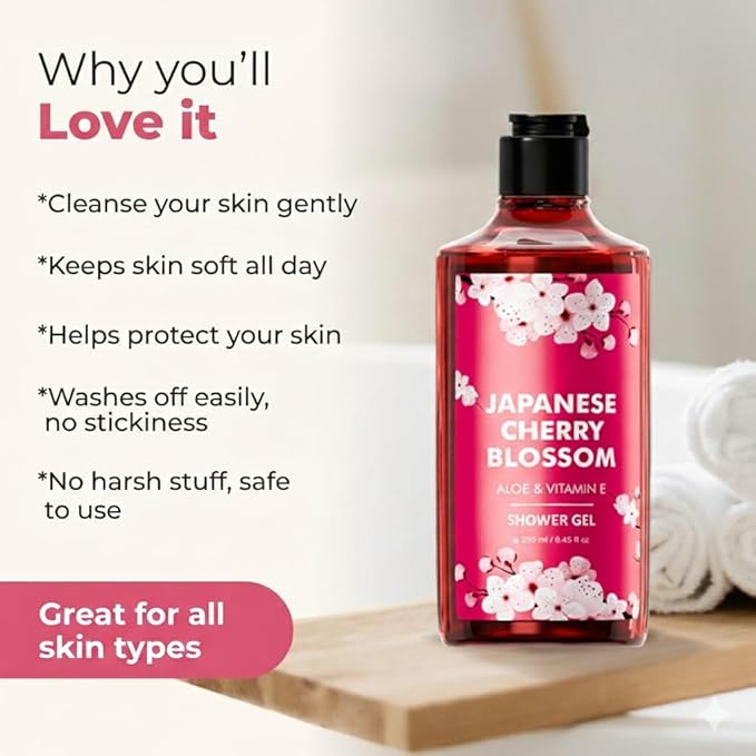 Japanese Cherry Blossom Shower Gel with Aloe &amp Vitamin E 250ml Floral Fragrance Hydrating Body Wash