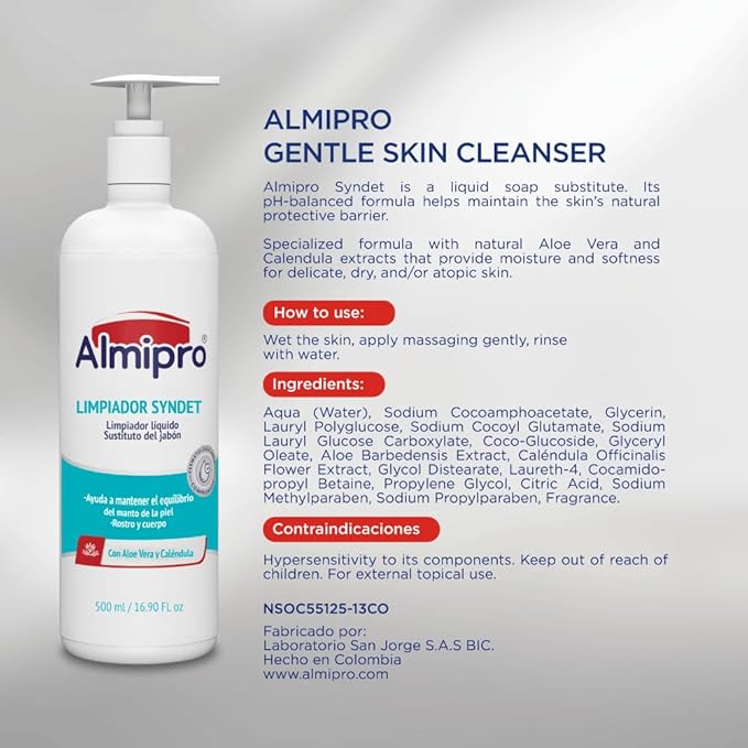 almipro Syndet Skin Cleanser | Soap-free Moisturizing Body Wash with Aloe Vera &amp Oatmeal for Dry delicate sensitive Skin | Dermatologist Recommended | Bottle 16.9 fl. oz.
