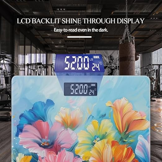 Digital Scale for Body Weight Highly Precision Bathroom Weight Scale 400 lbs with Backlit Display Personalized Scale for Home-Colorful Flower Paintings On Blue Background with Vibrant