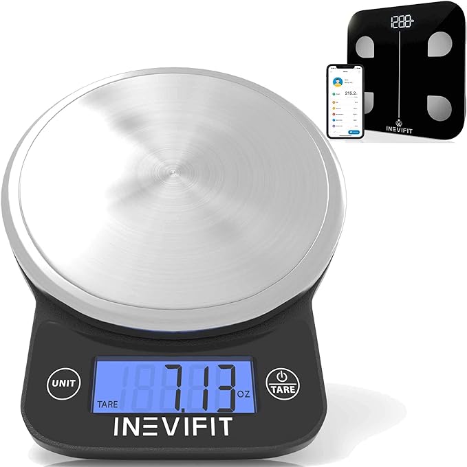 INEVIFIT Bathroom Scale &amp Digital Kitchen Scale Fitness Bundle Complete Body Composition and Nutrition Tracking Solution with Batteries Included