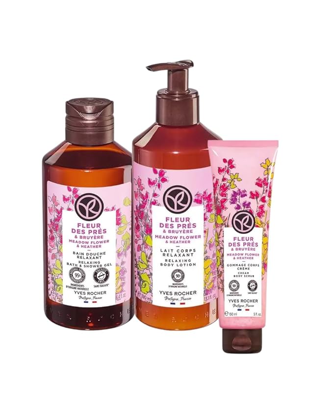 Yves Rocher Meadow Flowers &amp Hether Shower Gel Body Nourishing Milk Body Scrub Exfoliating Cream Women Day Care 200 ml./6.7fl.oz. 390 ml./13.2 fl.oz. 150 ml./5 fl.oz. Set of 3 Best Gift Kit