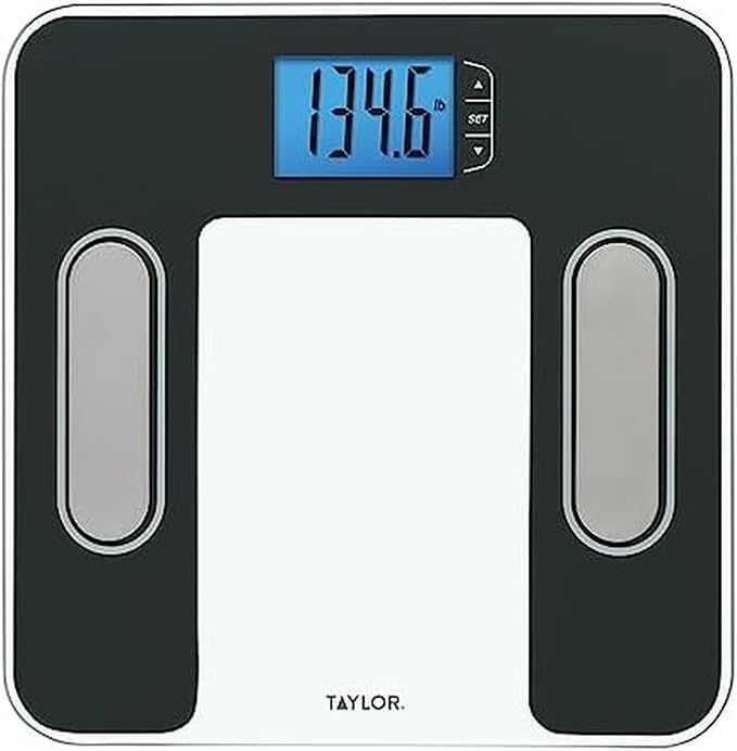 Taylor Digital Glass Body Composition Scale Bathroom Scale for Body Weight Measures Body Fat Body Water Muscle Mass and BMI 10-User Recognition FSA HSA Eligible 400 lb Capacity White and Black