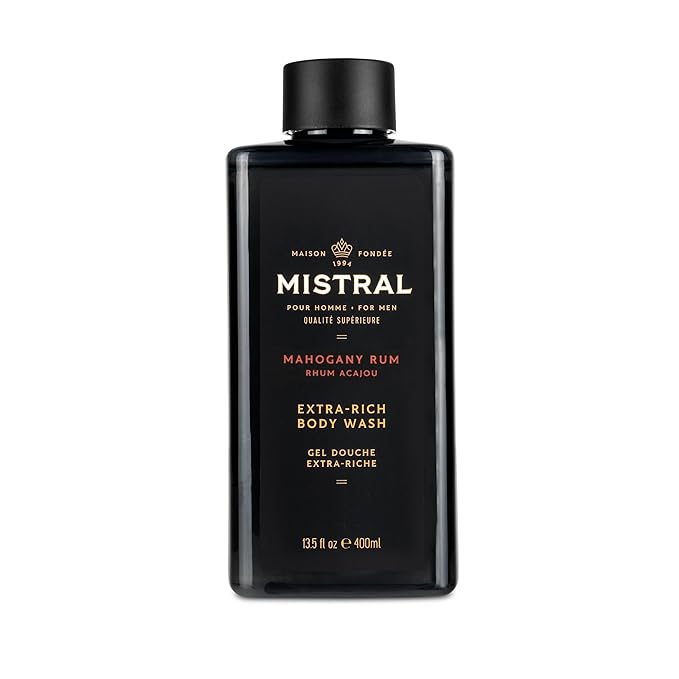 Mistral Men's Body Wash &amp Shampoo Mahogany Rum 13.5 oz | 2-in-1 Natural Shower Gel for Men | SLS Paraben &amp Phthalate Free | Natural Men’s Body Wash Moisturizing Bath Gel - Made in France