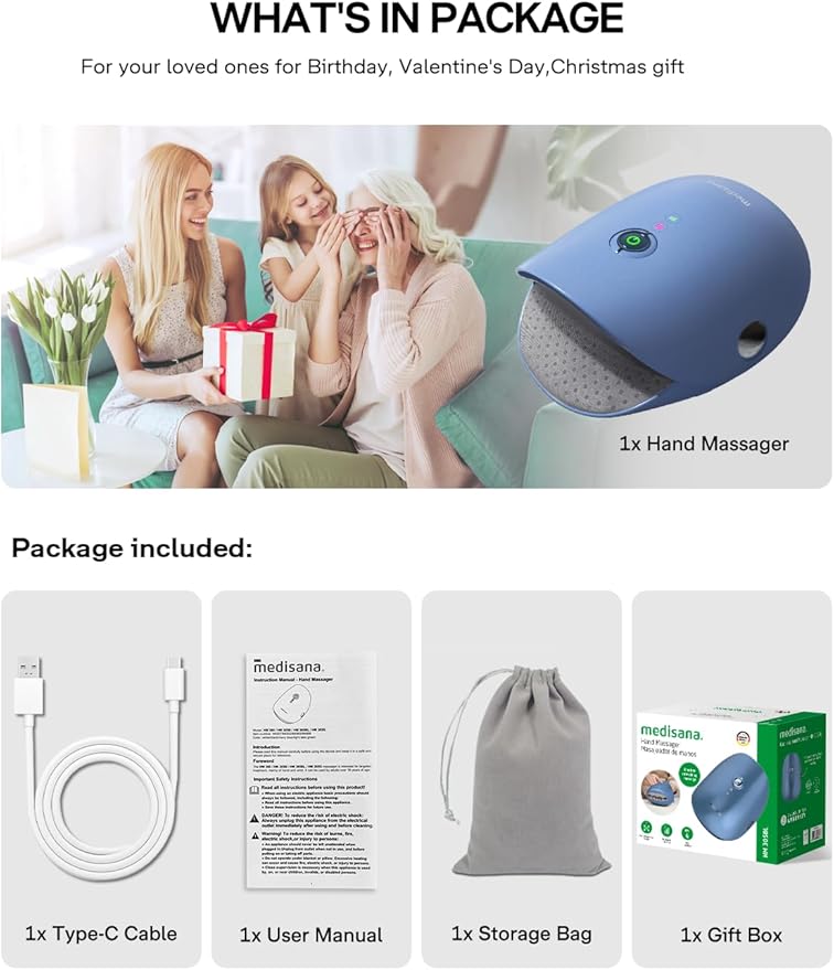 Medisana Hand Massager with Heat and Compression Cordless Hand Massager for Arthritis and Carpal Tunnel Relief Knuckle Stretching Massage Birthday Gifts for Men Women Dad Mom-Blue