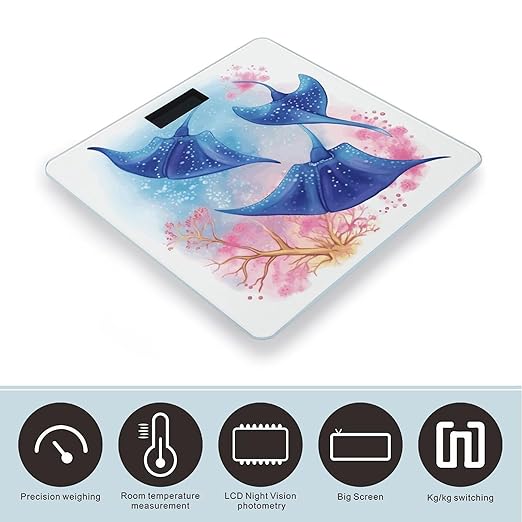 Sea Animals Stingrays Weight Scale Large Bathroom Scales Digital Weight with Bright LED Display Non Slip Automatic Weighing Scale Fashion Weighing Machine for Body