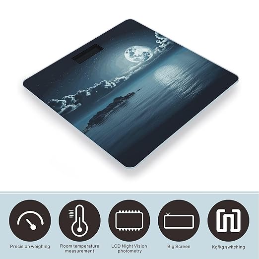 Moon Ocean Landscape Bathroom Scale for Body Weight Bathroom Weighing Scale with Backlit LCD Display Highly Accurate Measures Weight Up to 180kg