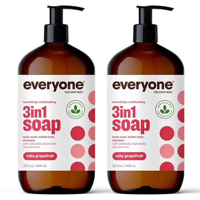 Everyone 3-in-1 Soap Body Wash Bubble Bath Shampoo 32 Ounce (Pack of 2) Ruby Grapefruit made with Essential Oils for Men and Women