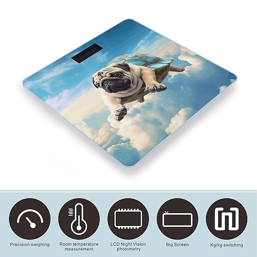 Funny Turtle Pug Dog in The Sky Weight ScaleClear LED Display Bathroom Digital Weighing ScaleTempered Glass Digital Bathroom Scale for Body Weight Capacity Up to 400 Lbs